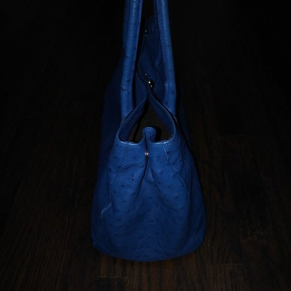 FURLA LIKE NEW APPALOOSA EAST WEST BLUE OSTRICH EMBOSSED LEATHER "TOTE" HANDBAG - Picture 4 of 13